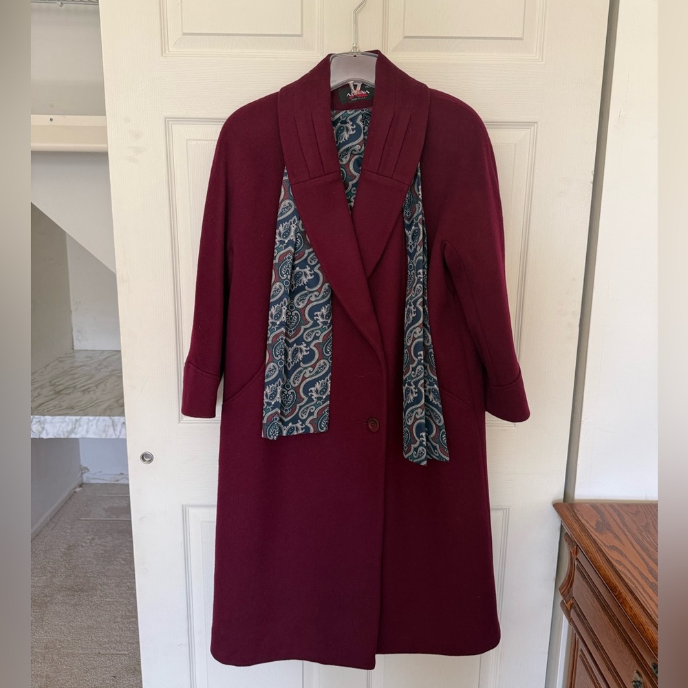 Vintage Alorna Burgundy Wool Double Breasted Overcoat with Paisley Scarf